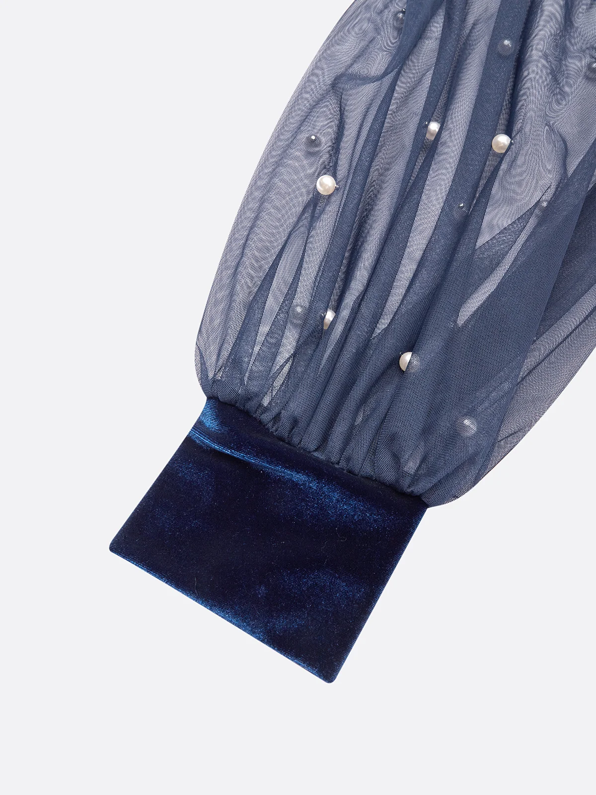 Navy Blue Mesh Imitation Pearls Velvet V Neck Long Sleeve Balloon Sleeve Sheath Midi Dress