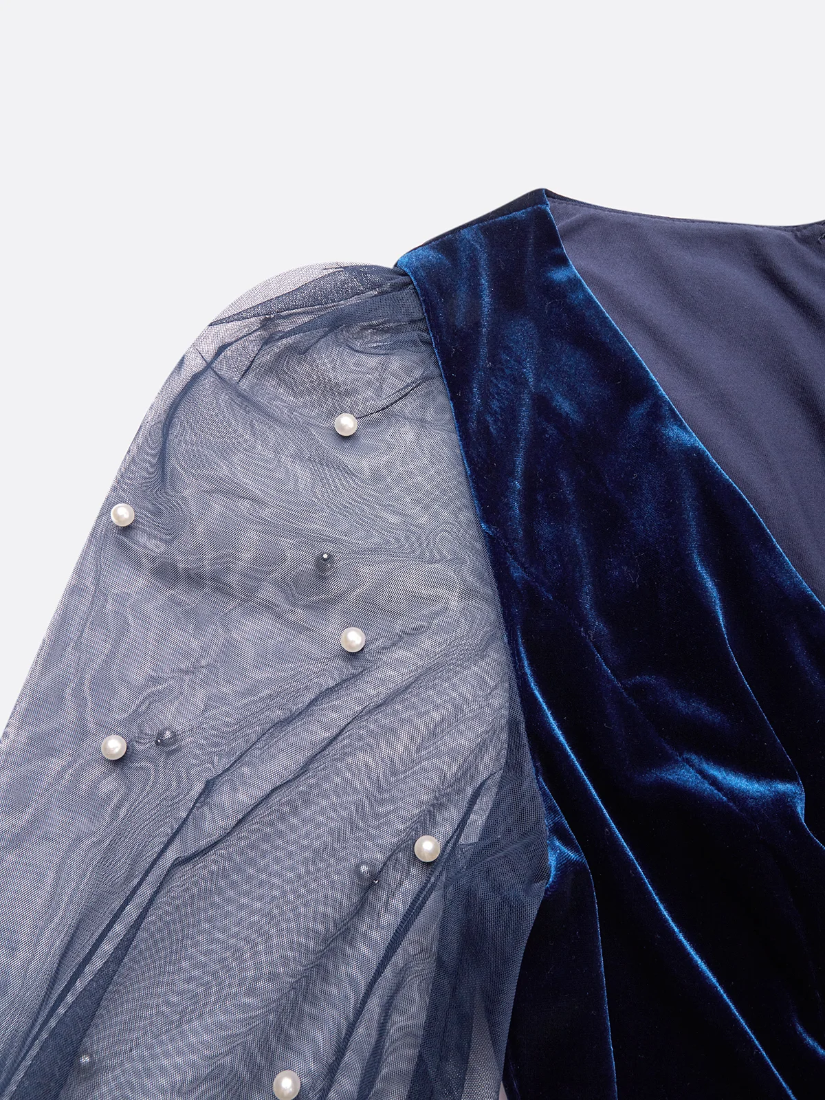 Navy Blue Mesh Imitation Pearls Velvet V Neck Long Sleeve Balloon Sleeve Sheath Midi Dress