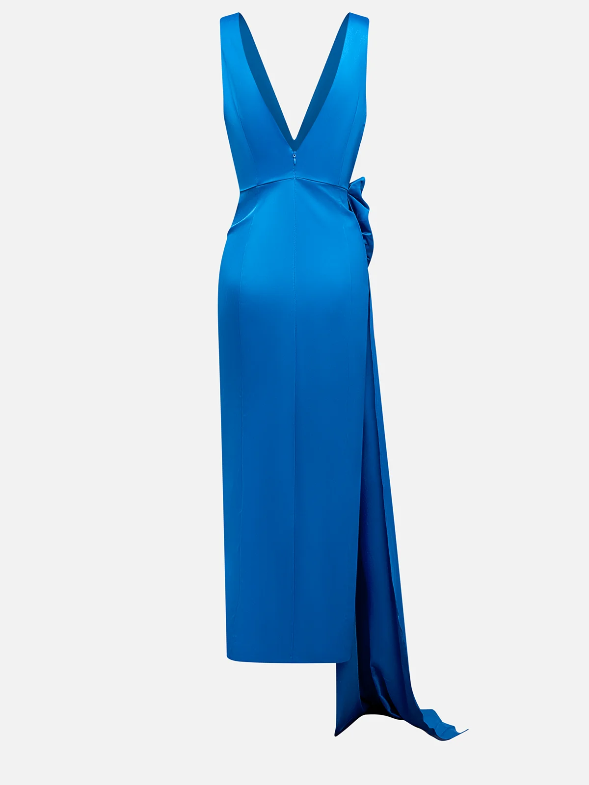 Royal Blue Bow Asymmetric Satin V Neck Sleeveless A-Line Maxi Dress