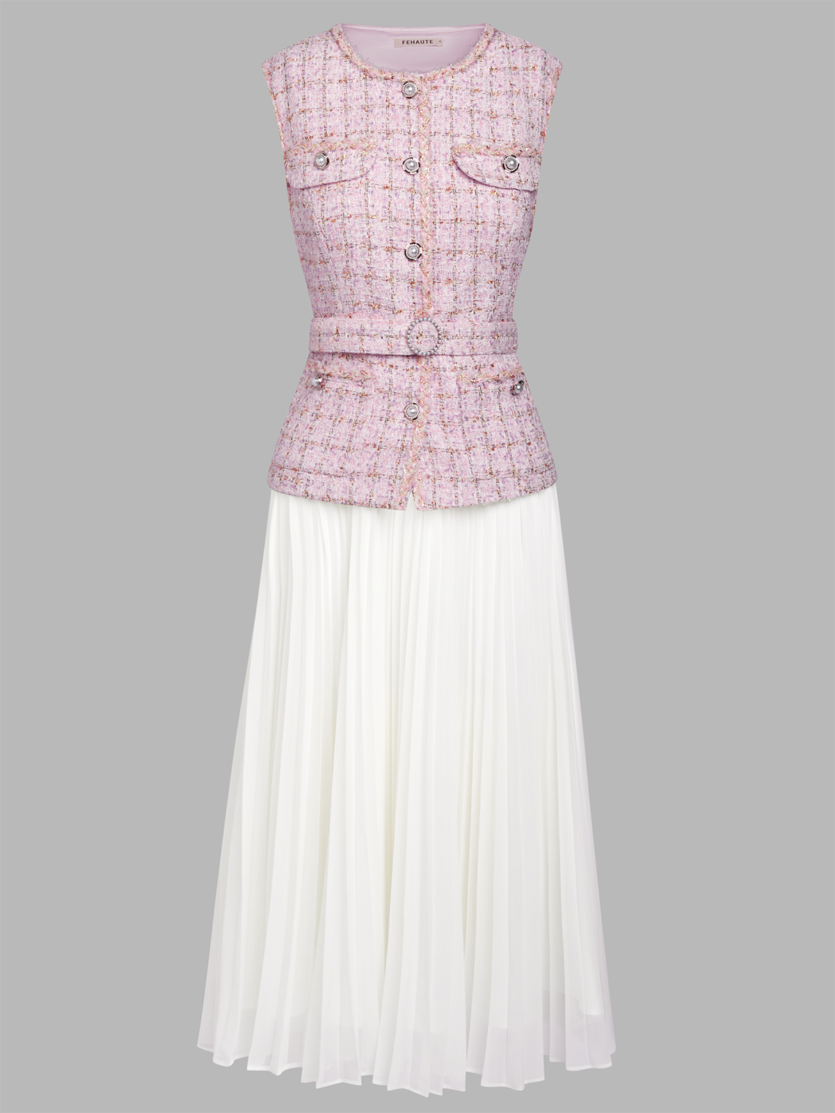 Women Pink Tweed Buckle Stitching Lace Crew Neck Sleeveless Dressy Coat With Skirt Two-Piece Set