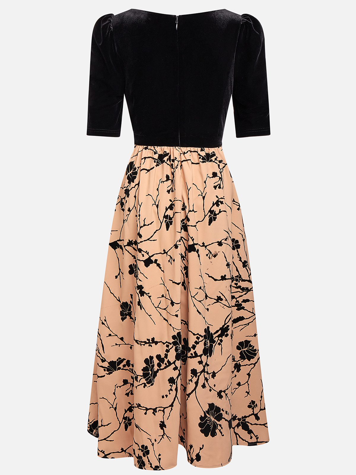 Khaki Floral Velvet Sweetheart Neckline Half Sleeve A-Line Midi Dress