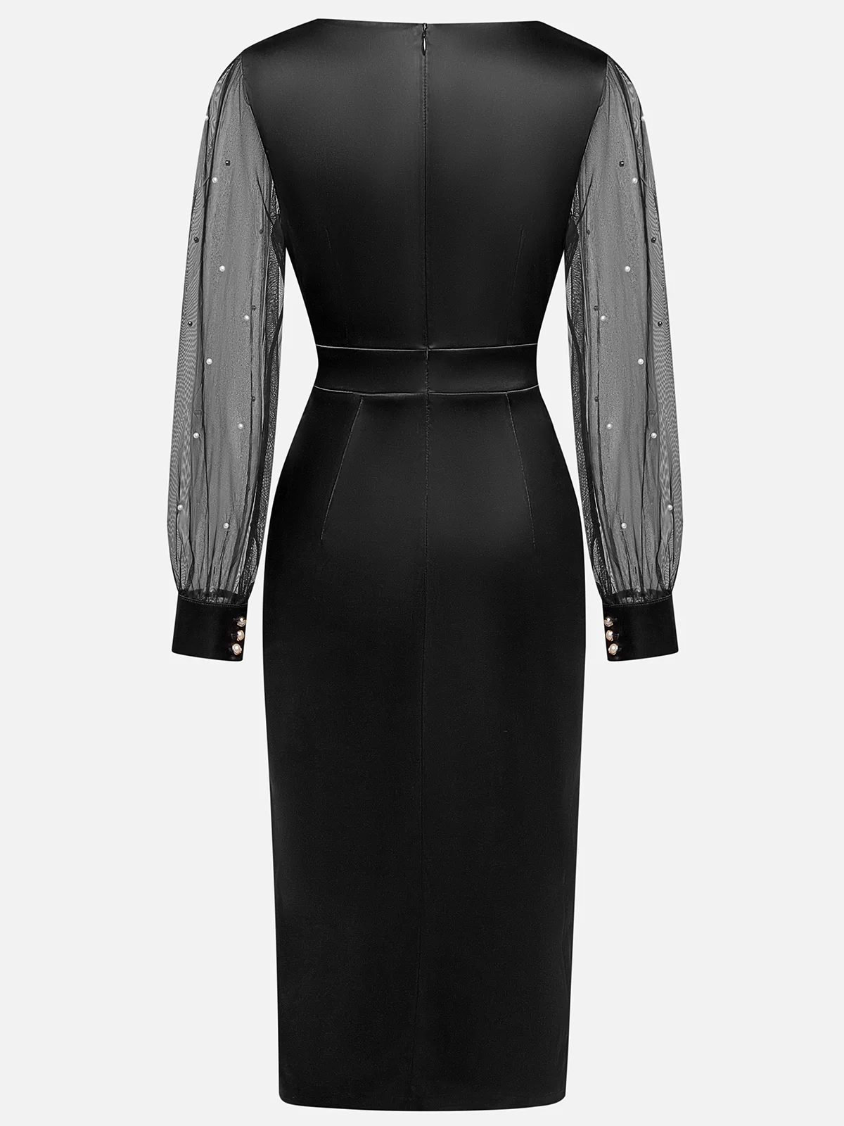 Black Beaded Slit Satin V Neck Long Sleeve Balloon Sleeve Sheath Midi Dress