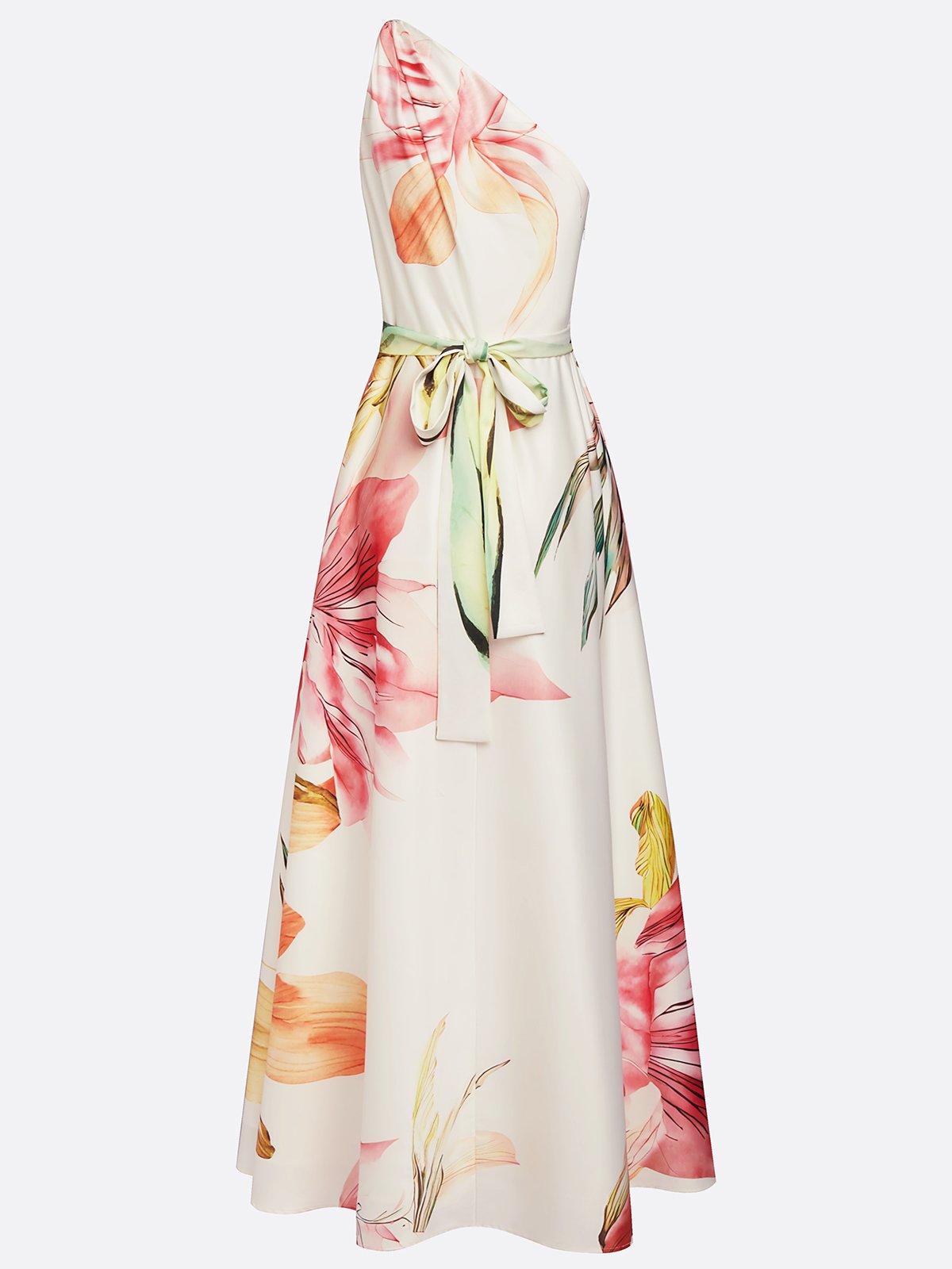 Pink Floral Satin One Shoulder Sleeveless A-Line Maxi Dress