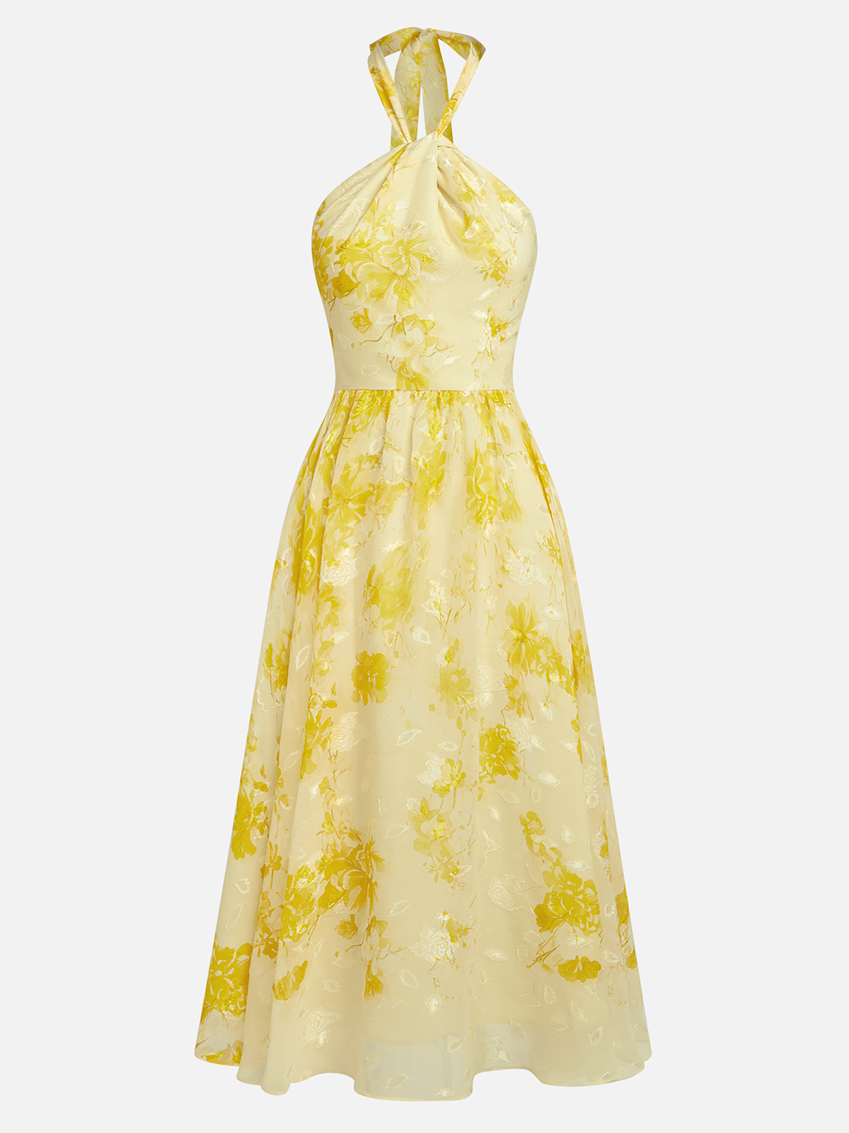 Yellow Floral Jacquard Chiffon Halter Sleeveless A-Line Midi Dress
