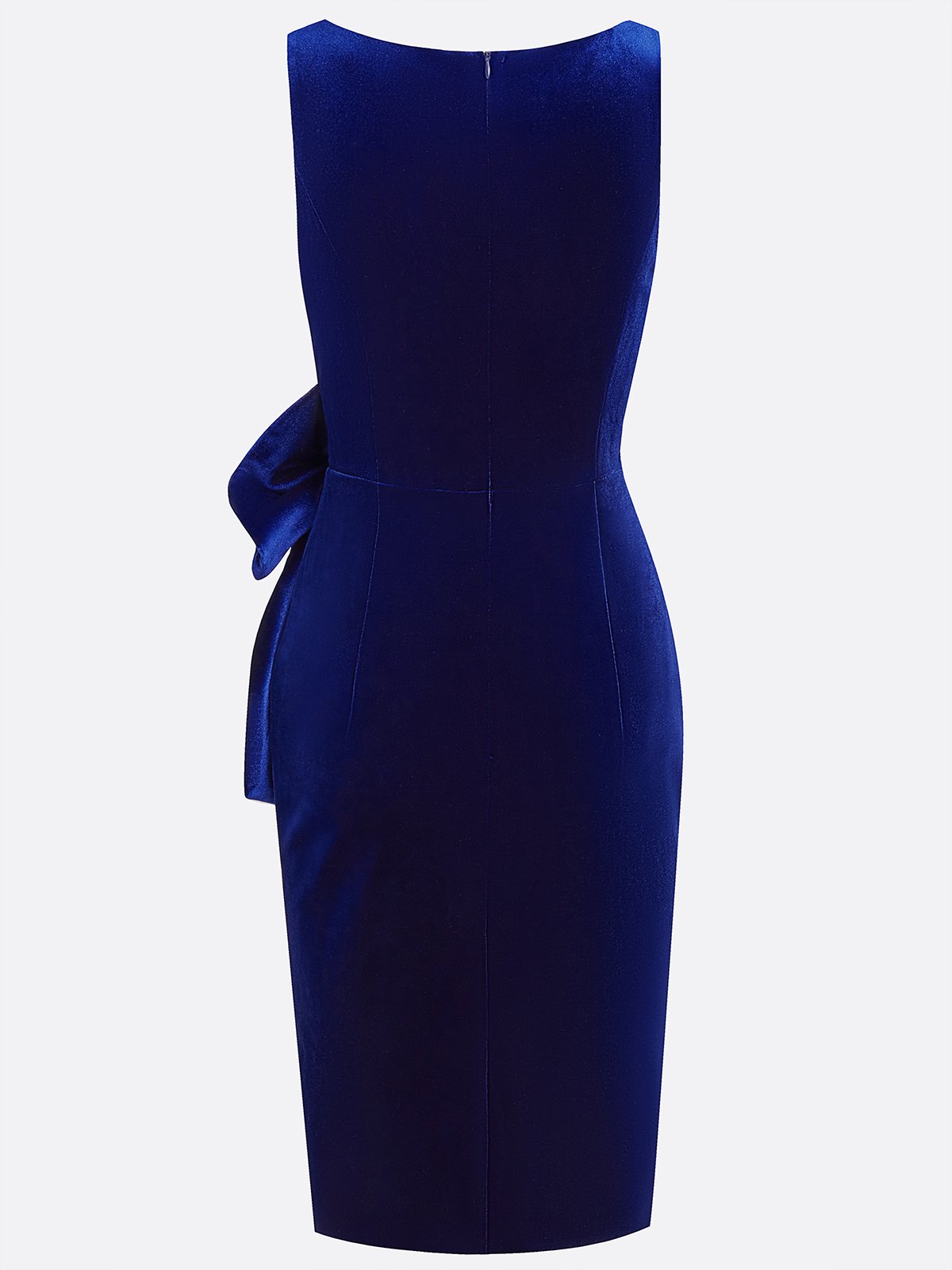 Blue Hotfix Embellished Bow Velvet Square Neck Sleeveless Sheath Midi Dress
