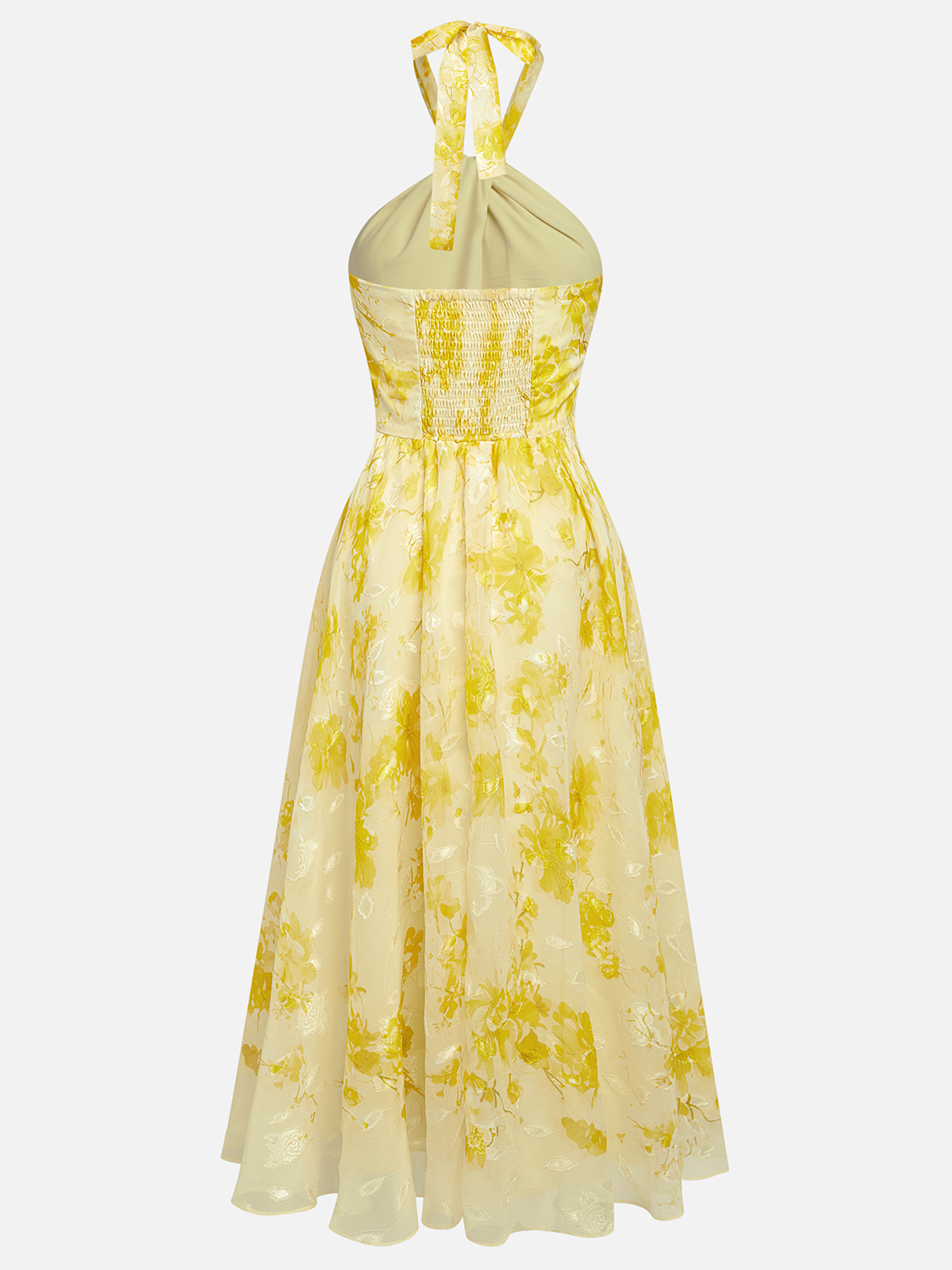 Yellow Floral Jacquard Chiffon Halter Sleeveless A-Line Midi Dress