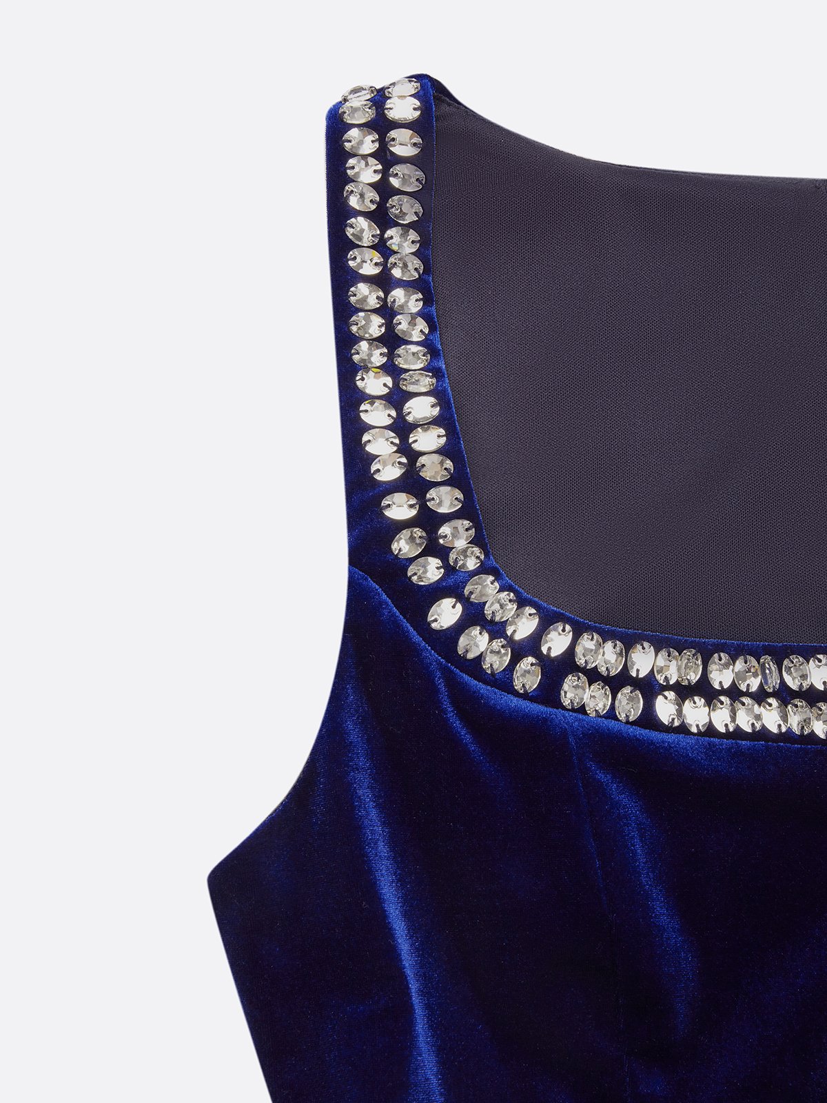 Blue Hotfix Embellished Bow Velvet Square Neck Sleeveless Sheath Midi Dress
