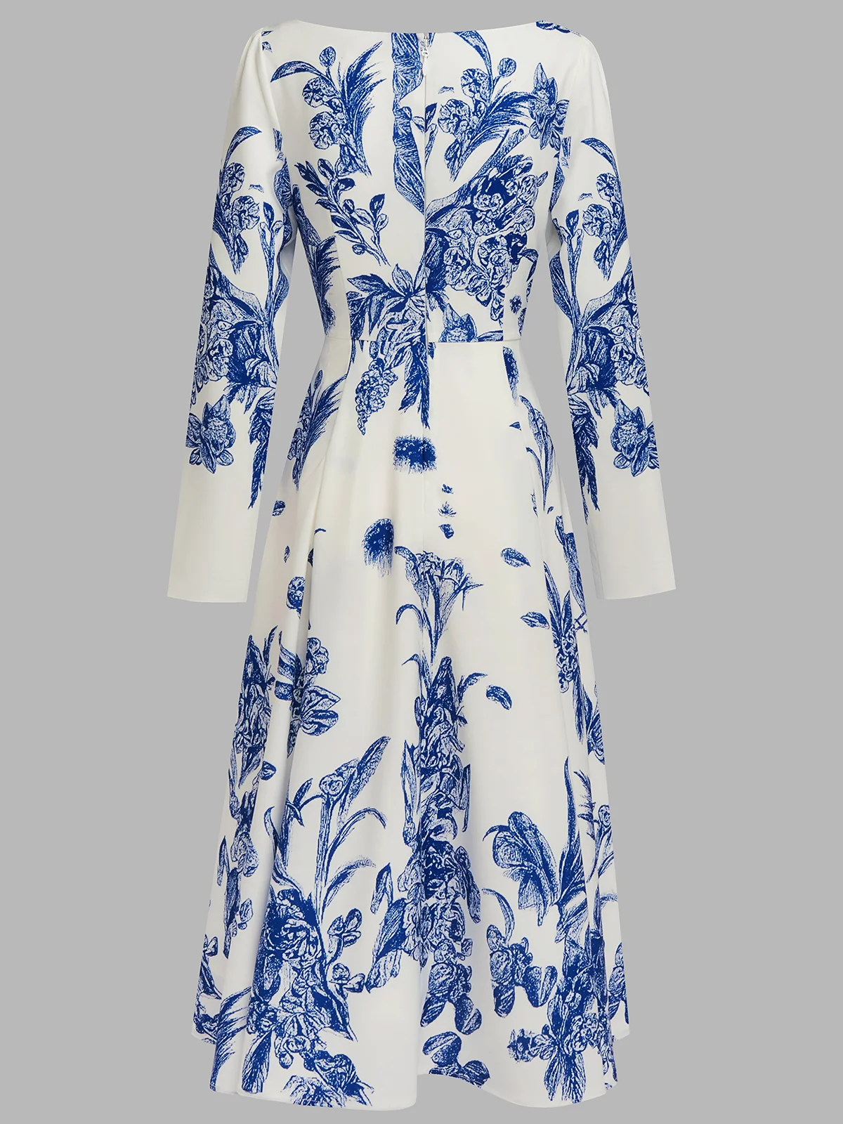 Blue Floral Classic Square Neck Long Sleeve A-Line Midi Dress