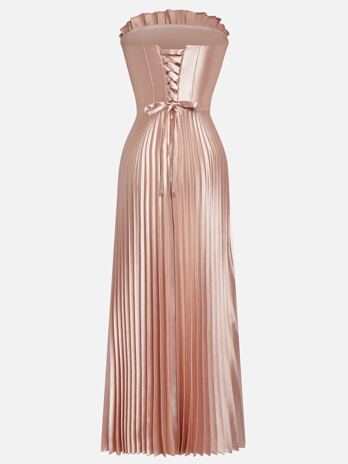 Rose Gold Pleated Satin Strapless Sleeveless A-Line Midi Dress