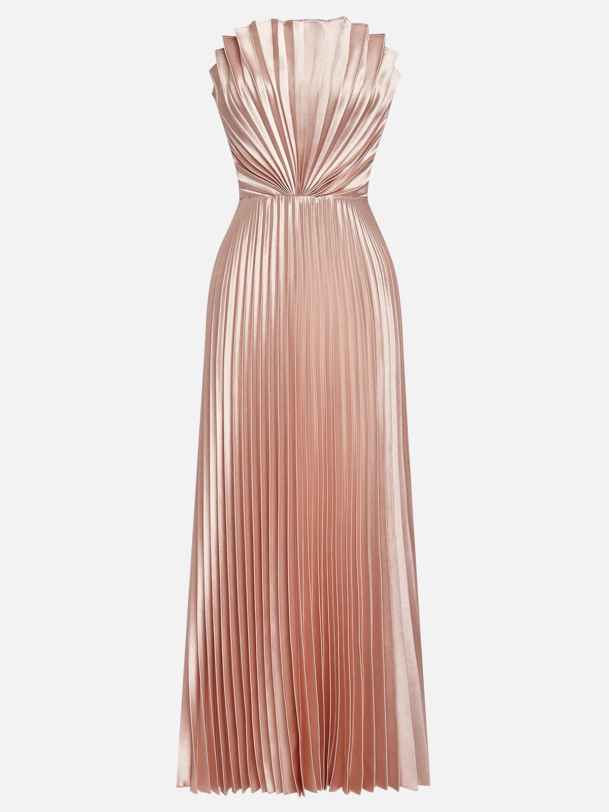 Rose Gold Pleated Satin Strapless Sleeveless A-Line Midi Dress