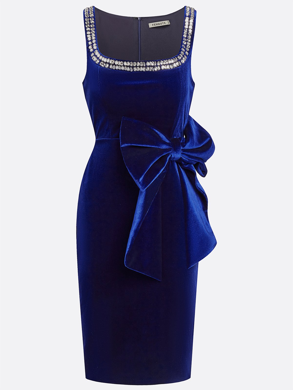 Blue Hotfix Embellished Bow Velvet Square Neck Sleeveless Sheath Midi Dress