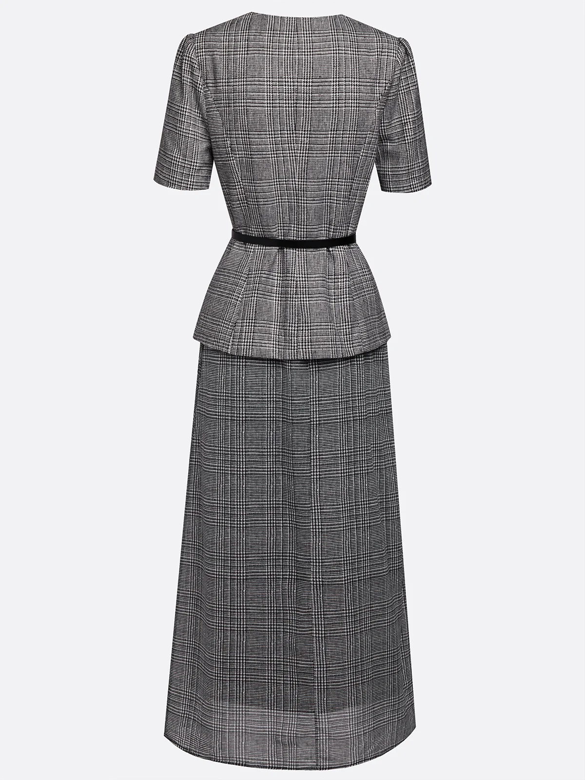 Women Gray Buckle Crew Neck Long Sleeve Dressy Coat With Skirt Two-Piece Set