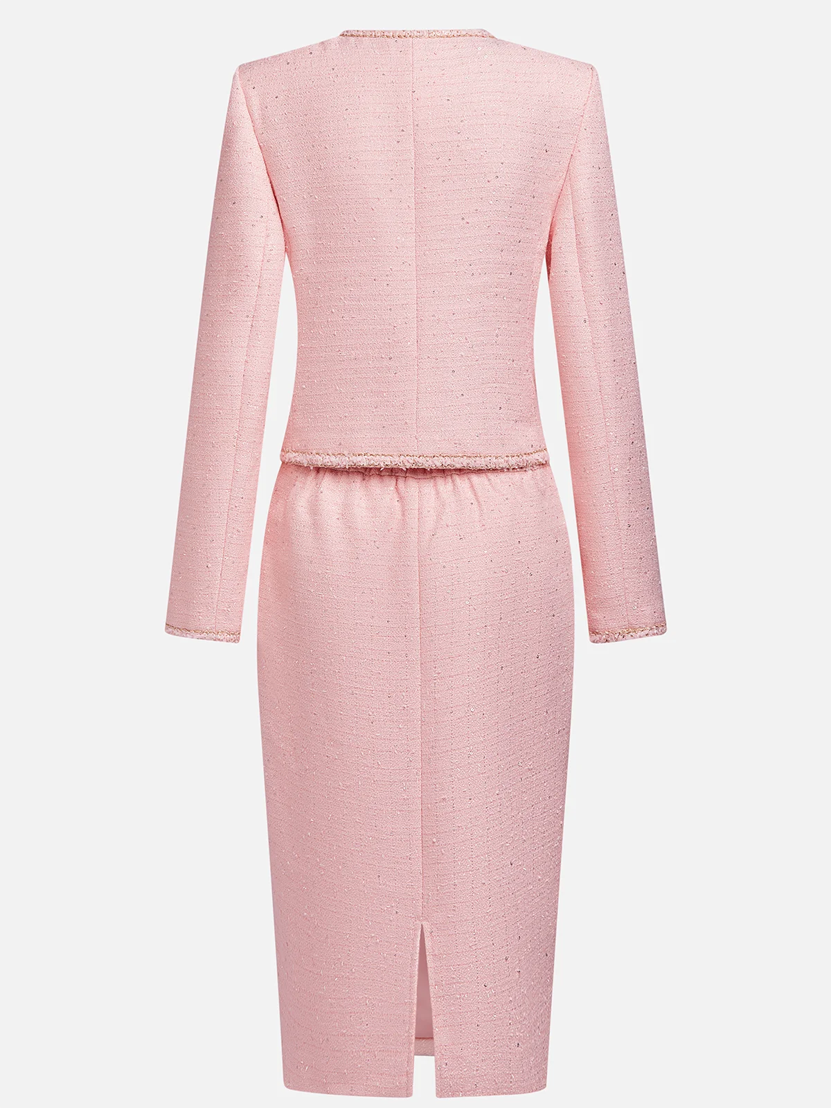 Women Pink Piping Buckle Crew Neck Long Sleeve Dressy Coat With Skirt Two-Piece Set