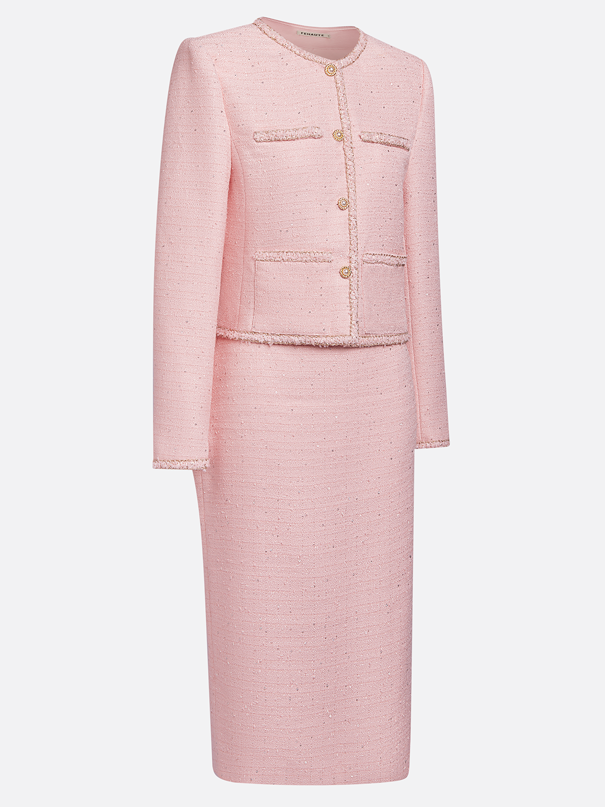 Women Pink Piping Buckle Crew Neck Long Sleeve Dressy Coat With Skirt Two-Piece Set
