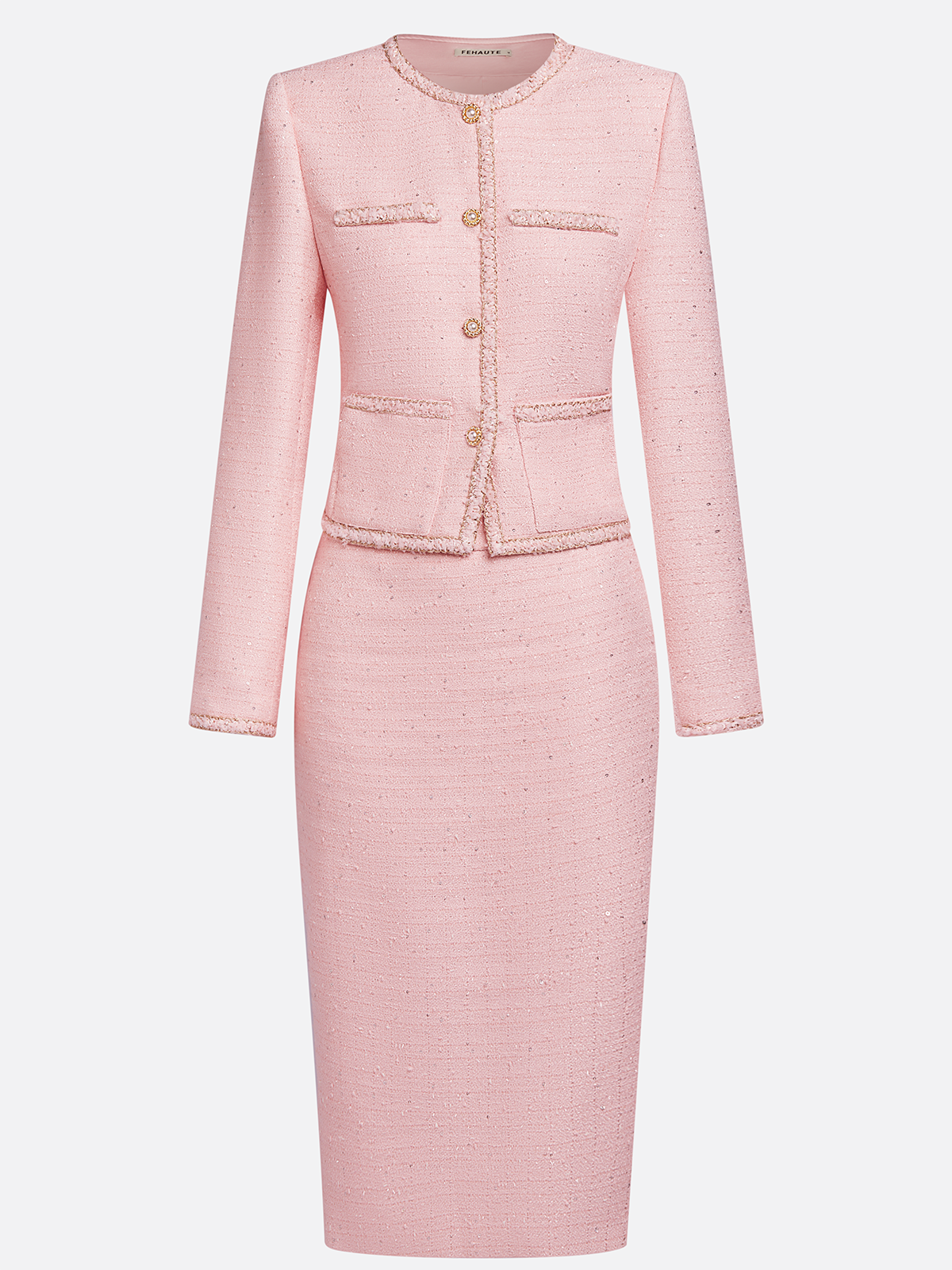 Women Pink Piping Buckle Crew Neck Long Sleeve Dressy Coat With Skirt Two-Piece Set