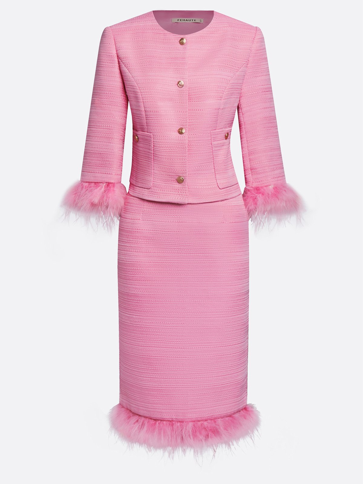 Women Tweed Rose Red Feather-trimmed Buckle Crew Neck Three Quarter Sleeve Dressy Coat With Skirt Two-Piece Set