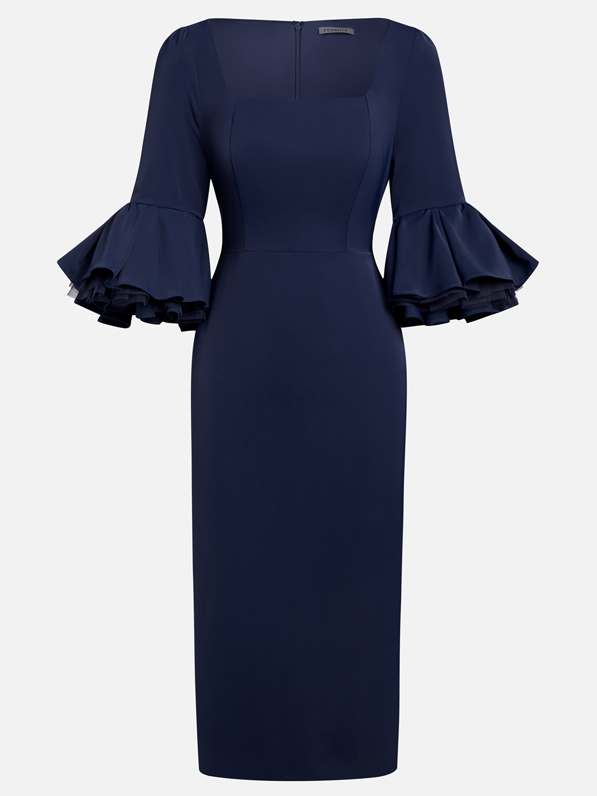 Navy Blue Mesh Classic Square Neck Half Sleeve Bell Sleeve Sheath Midi Dress
