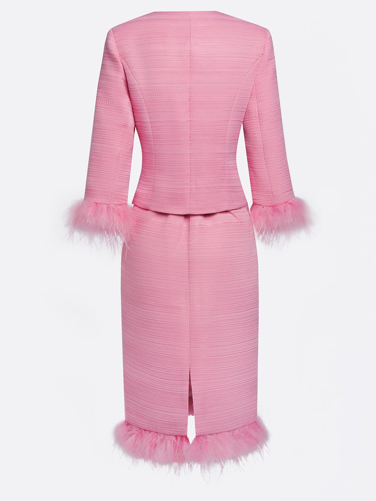 Women Tweed Rose Red Feather-trimmed Buckle Crew Neck Three Quarter Sleeve Dressy Coat With Skirt Two-Piece Set