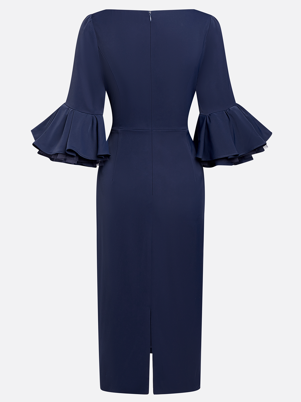 Navy Blue Mesh Classic Square Neck Half Sleeve Bell Sleeve Sheath Midi Dress