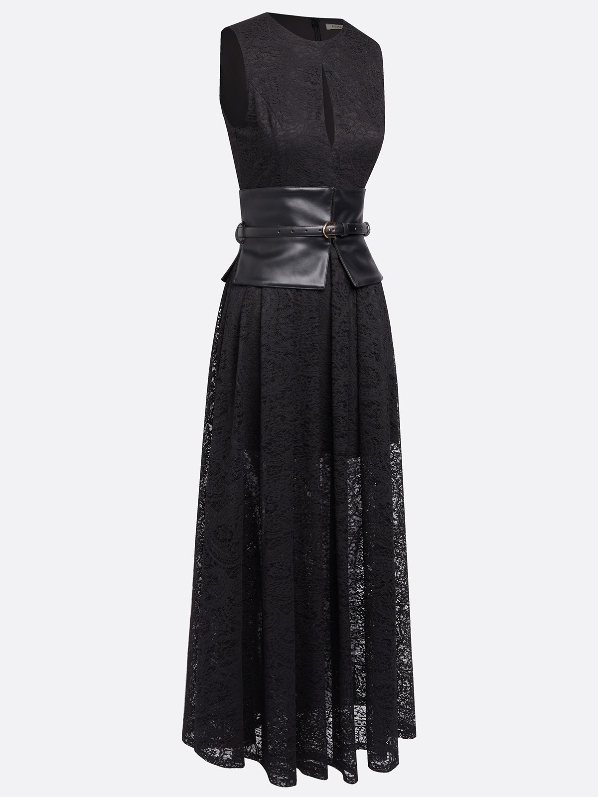 Black Lace Hollow Out Cotton Crew Neck Sleeveless A-Line Maxi Dress With Belt