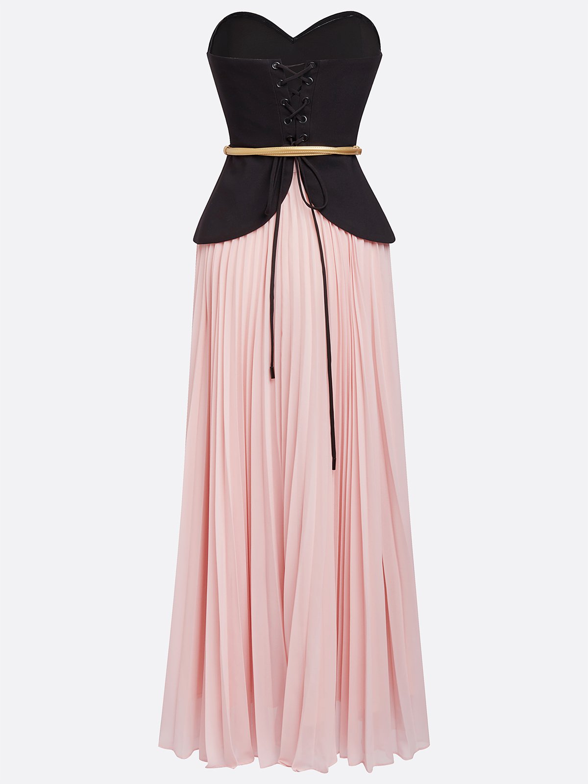 Women Black Pink Pleated Strapless Sleeveless Dressy Top With Skirt Two-Piece Set