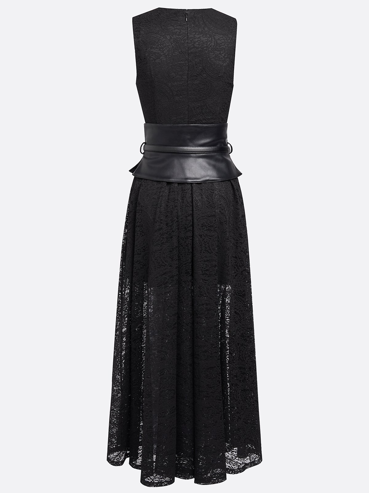 Black Lace Hollow Out Cotton Crew Neck Sleeveless A-Line Maxi Dress With Belt