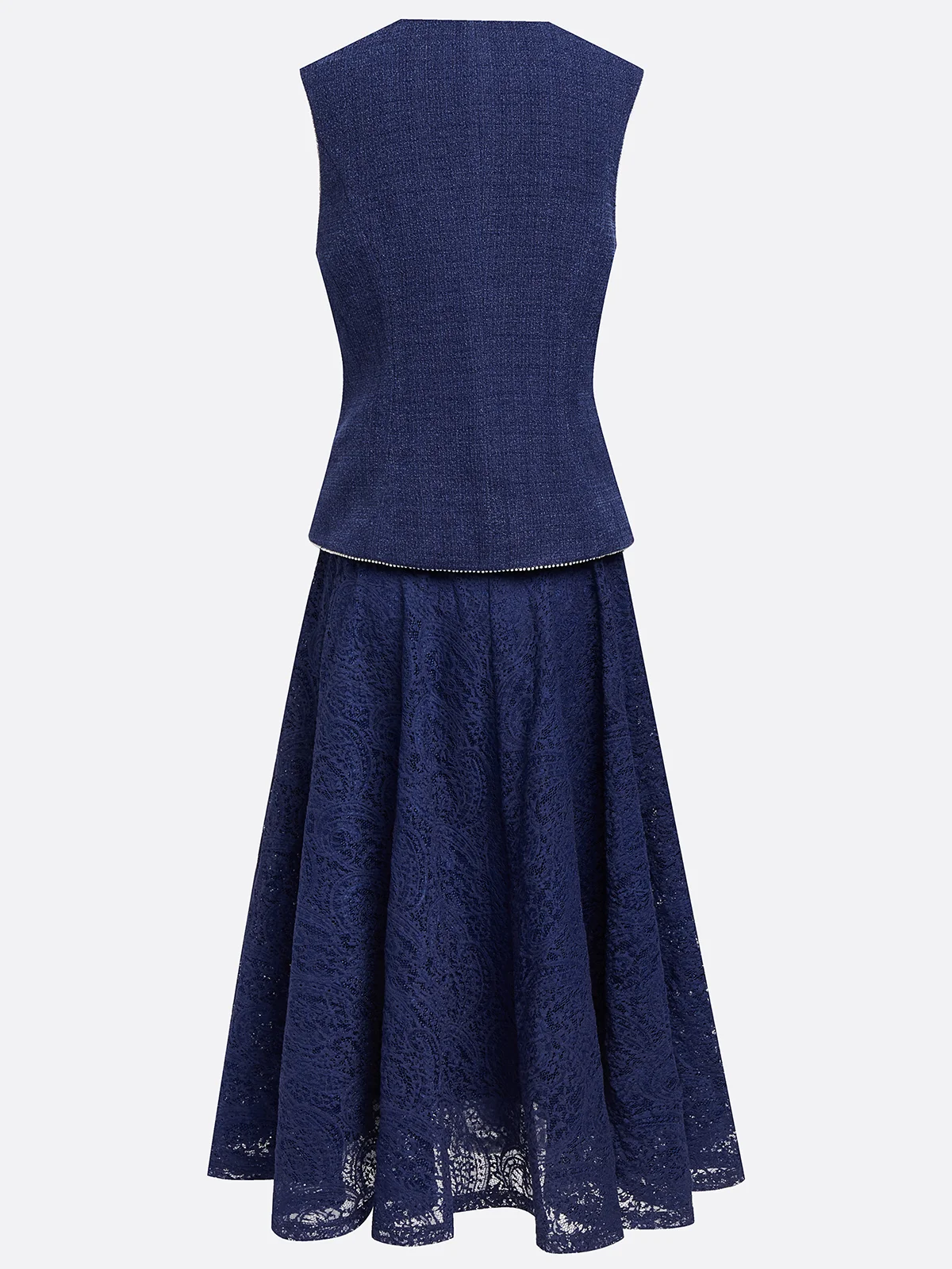 Women Tweed Purplish blue Piping Lace Crew Neck Sleeveless Dressy Coat With Skirt  Two-Piece Set
