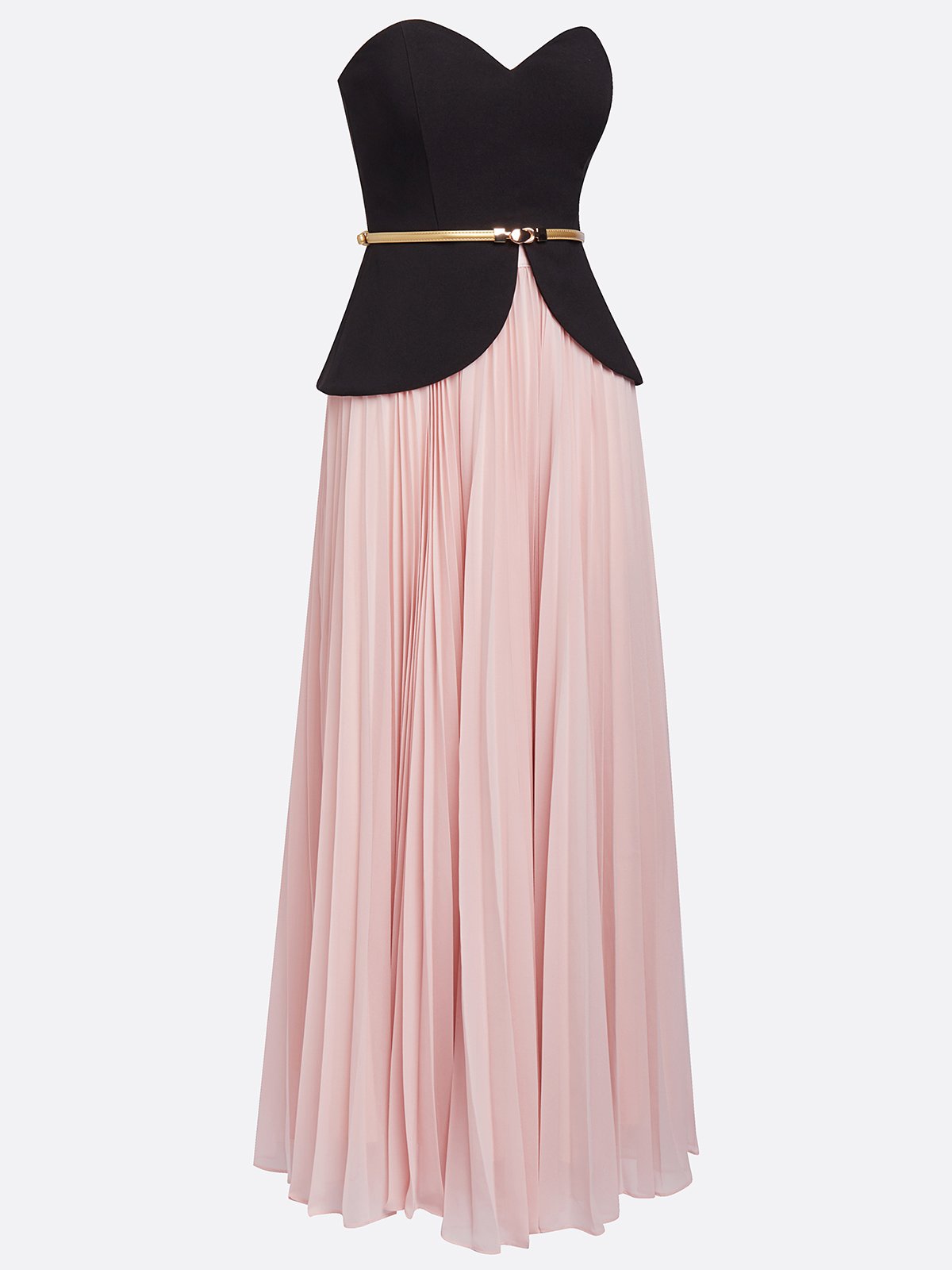 Women Black Pink Pleated Strapless Sleeveless Dressy Top With Skirt Two-Piece Set