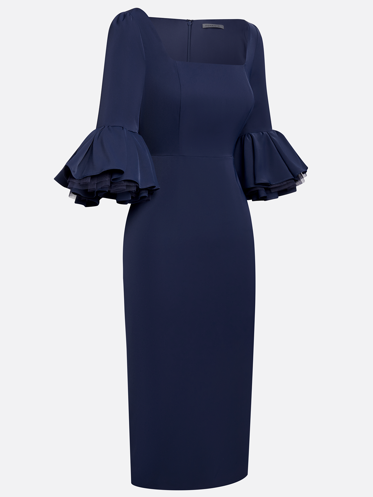Navy Blue Mesh Classic Square Neck Half Sleeve Bell Sleeve Sheath Midi Dress