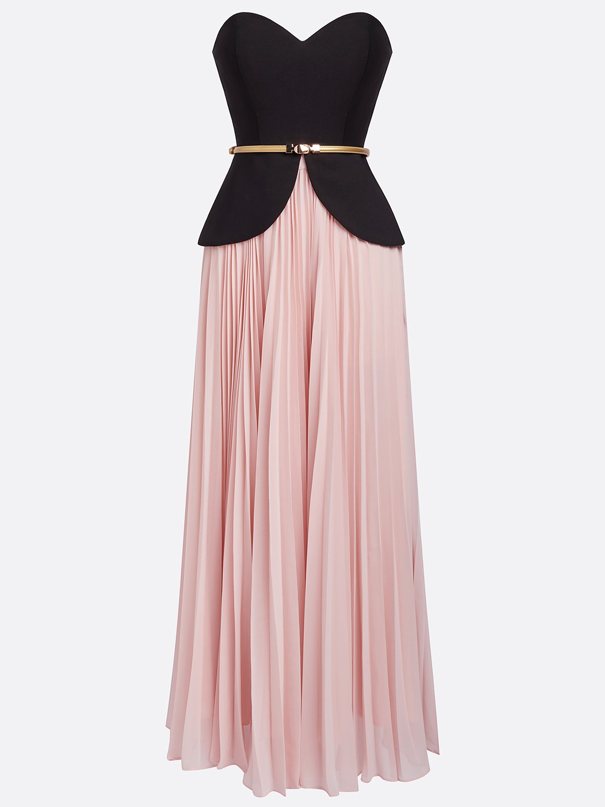 Women Black Pink Pleated Strapless Sleeveless Dressy Top With Skirt Two-Piece Set