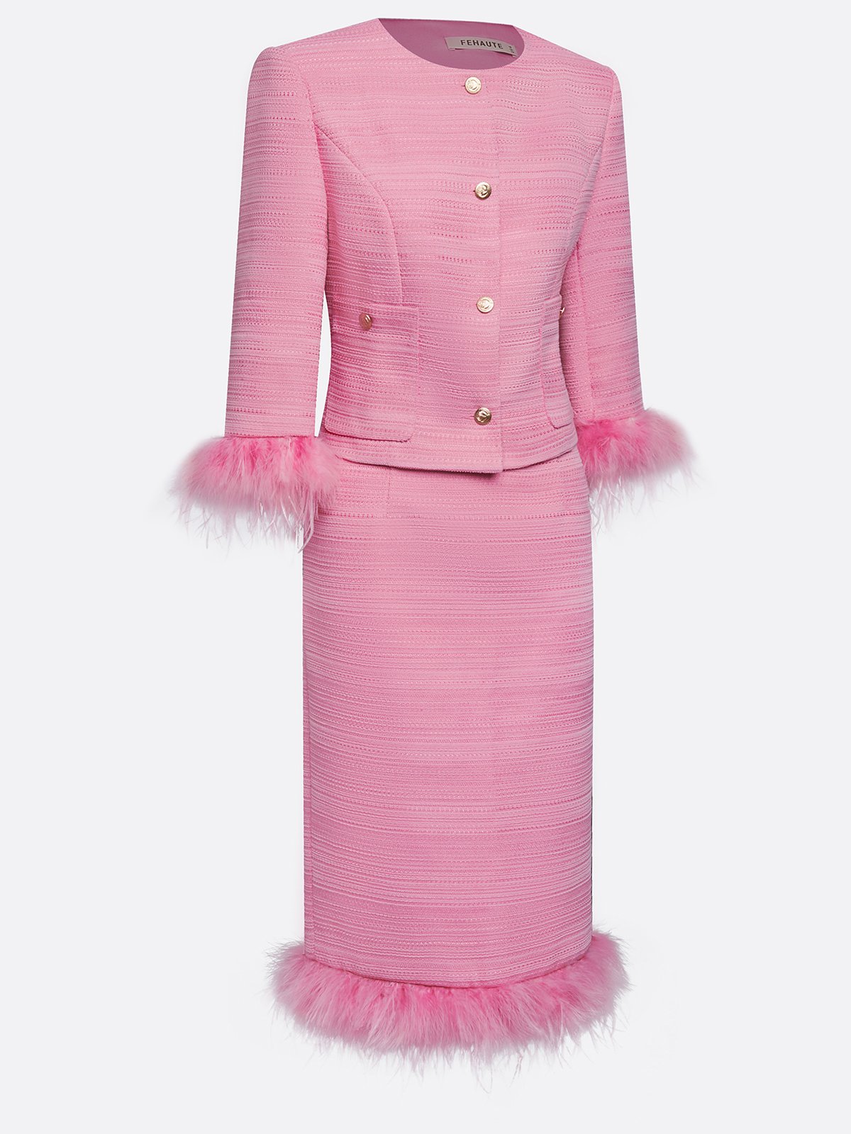 Women Tweed Rose Red Feather-trimmed Buckle Crew Neck Three Quarter Sleeve Dressy Coat With Skirt Two-Piece Set