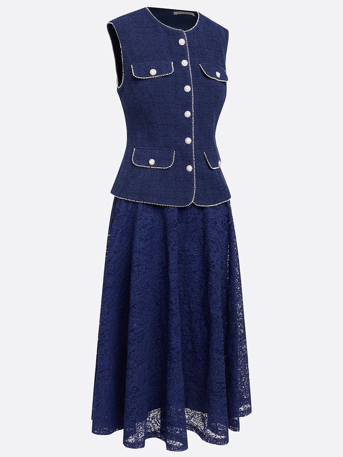 Women Tweed Purplish blue Piping Lace Crew Neck Sleeveless Dressy Coat With Skirt  Two-Piece Set