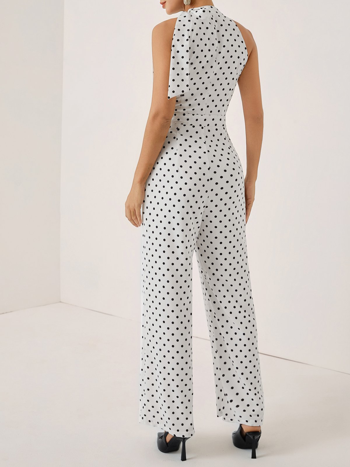 Women White Printing Bow Halter Sleeveless Dressy Jumpsuit