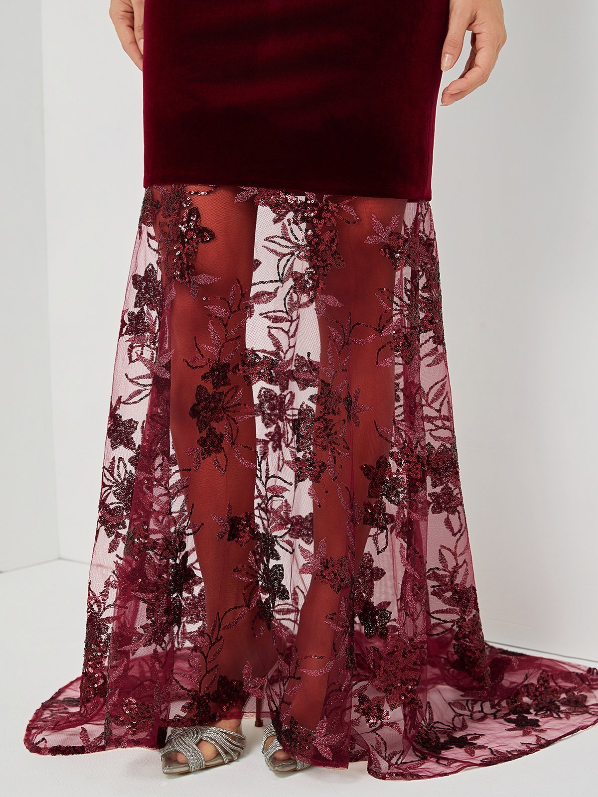 Wine Red Beaded Lace Velvet Off The Shoulder Short Sleeve Mermaid Gown Dress