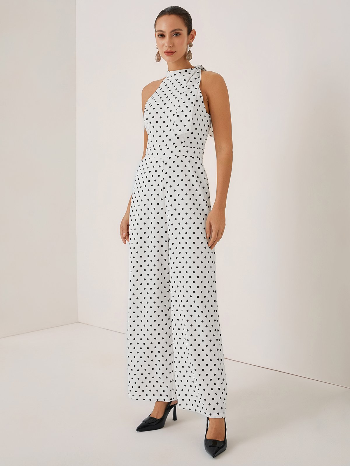 Women White Printing Bow Halter Sleeveless Dressy Jumpsuit