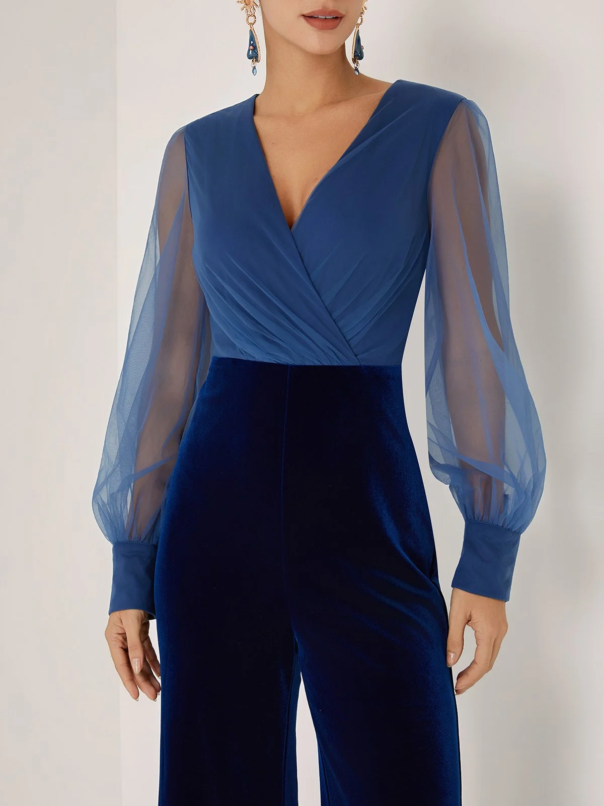 Women Royal Blue Mesh Ruched V Neck Long Sleeve Dressy Jumpsuit