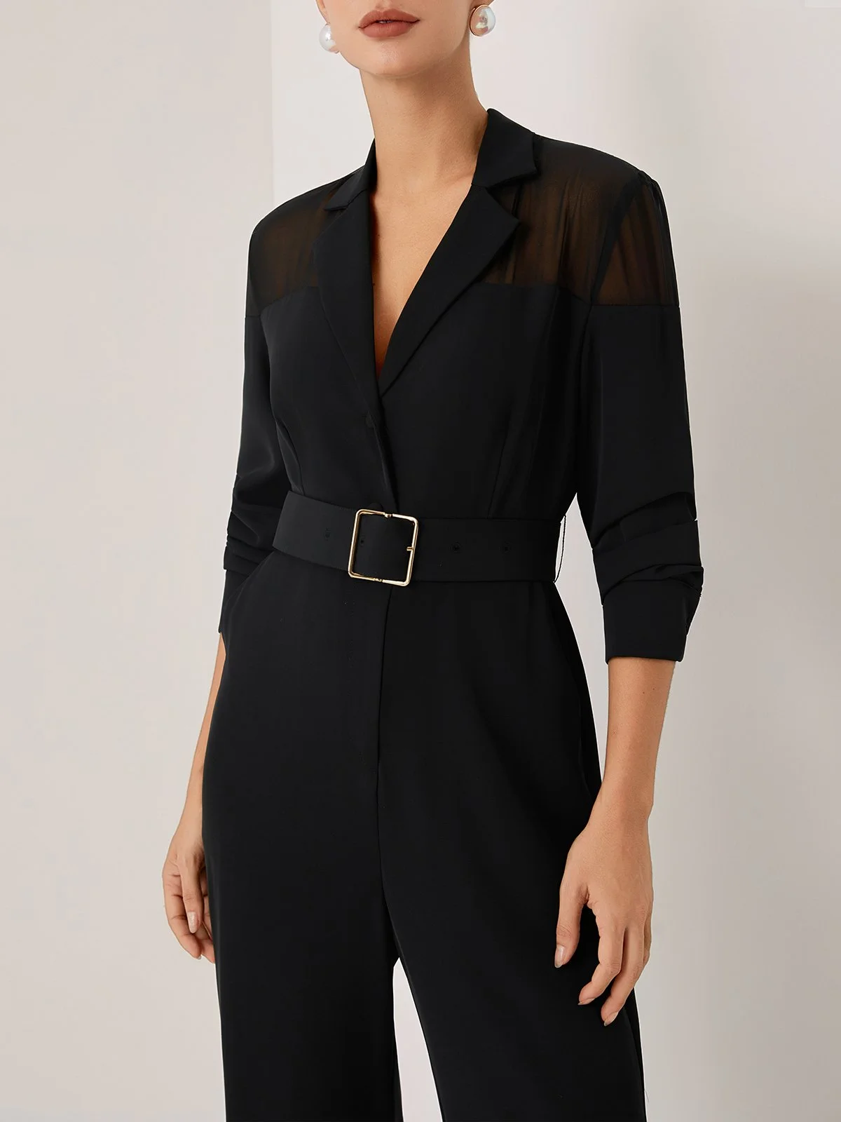 Women Black Mesh Lapel Collar Long Sleeve Dressy Jumpsuit