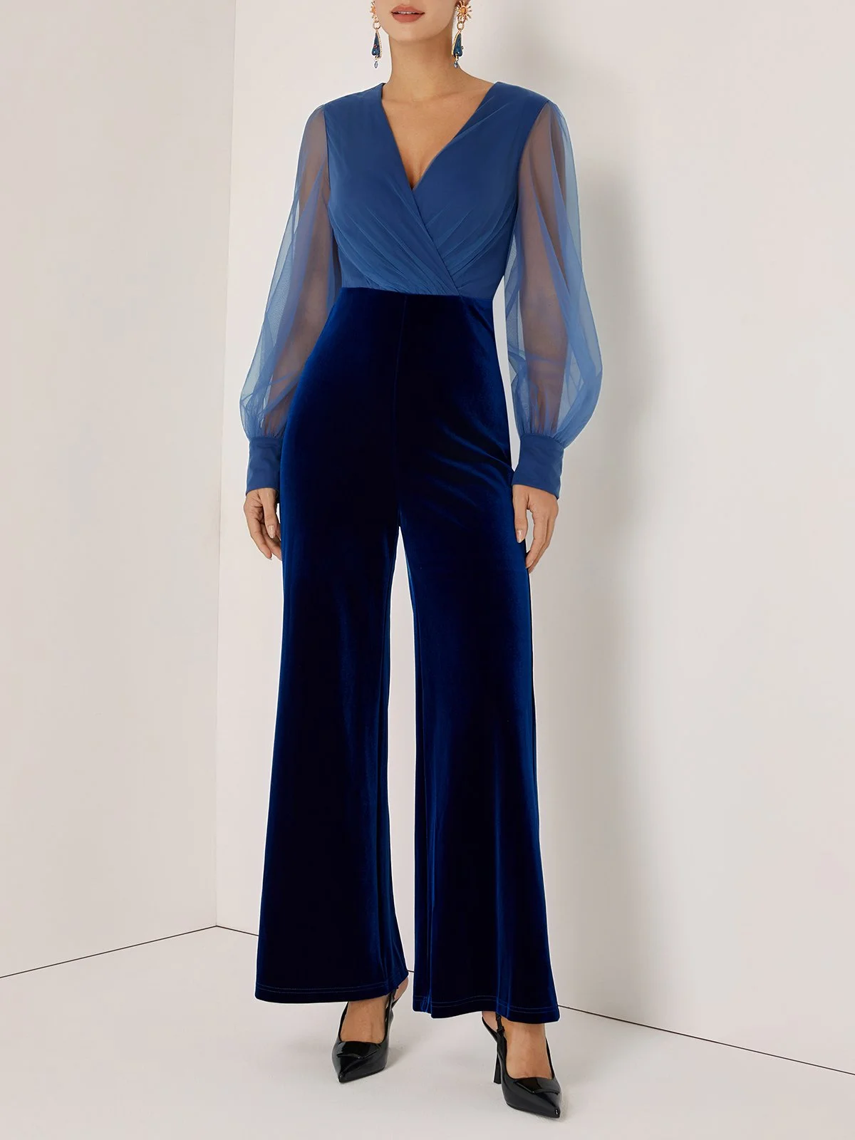Women Royal Blue Mesh Ruched V Neck Long Sleeve Dressy Jumpsuit