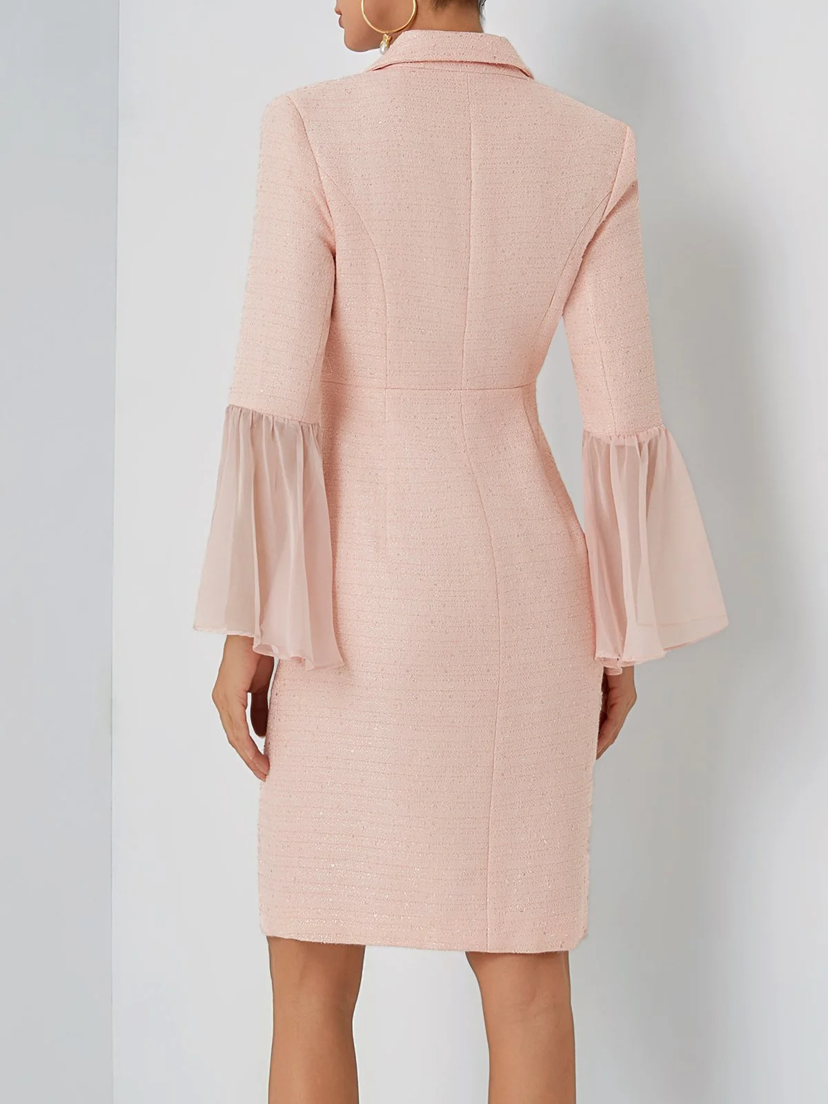 Light Pink Buckle Mesh Tweed Lapel Collar Long Sleeve Bell Sleeve Sheath Midi Dress