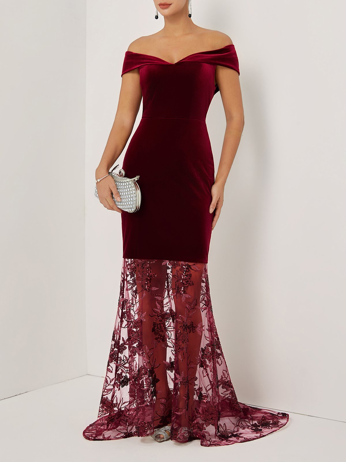 Wine Red Beaded Lace Velvet Off The Shoulder Short Sleeve Mermaid Gown Dress