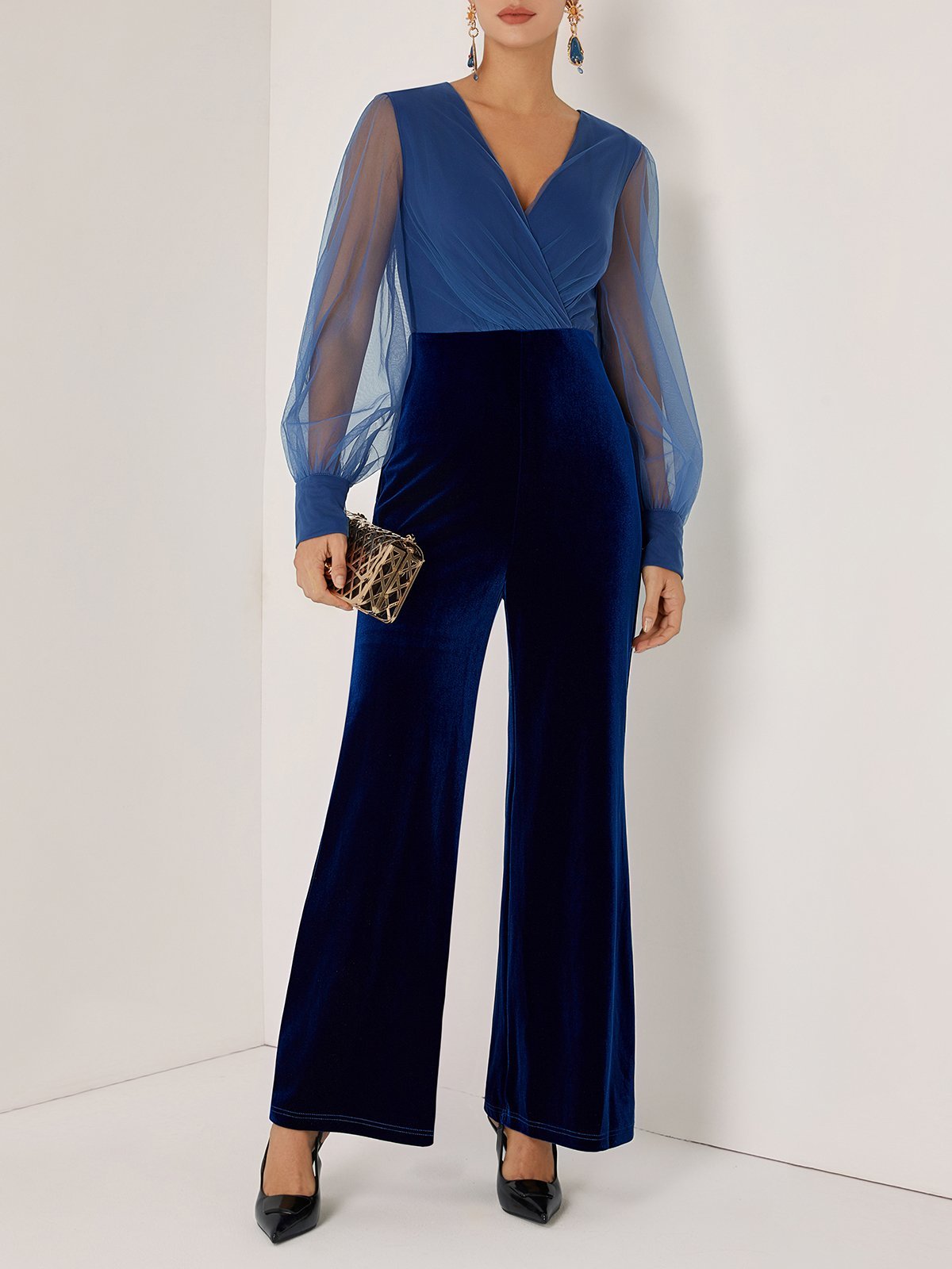 Women Royal Blue Mesh Ruched V Neck Long Sleeve Dressy Jumpsuit