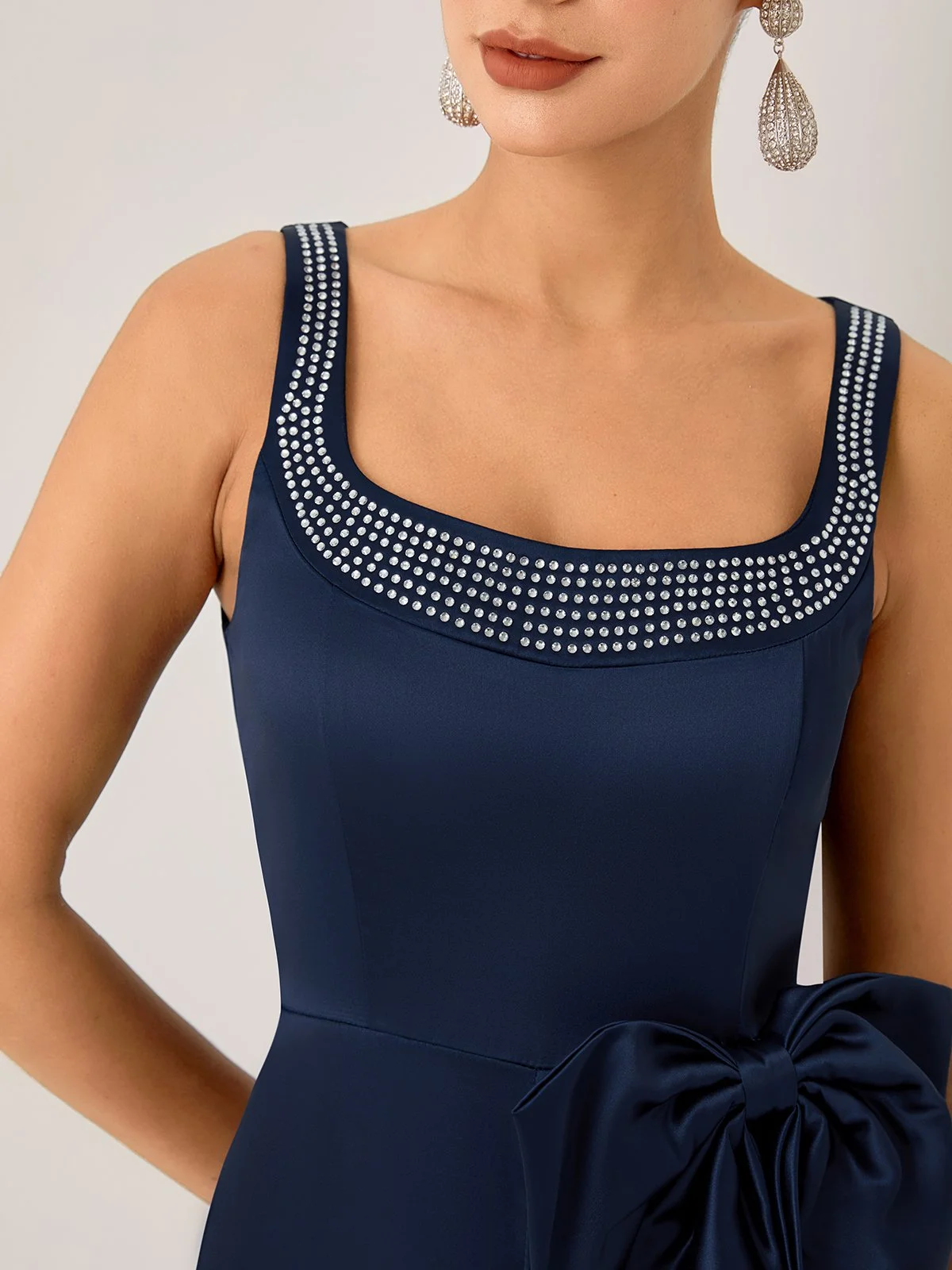 Women Purplish Blue Bow Rhinestone Crew Neck Sleeveless Dressy Jumpsuit