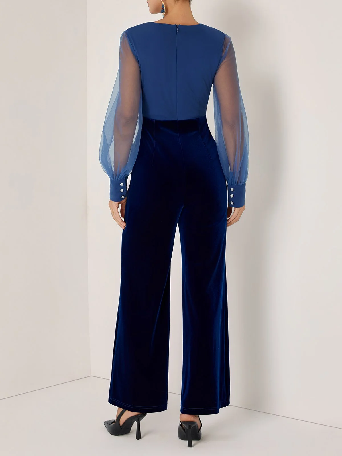Women Royal Blue Mesh Ruched V Neck Long Sleeve Dressy Jumpsuit
