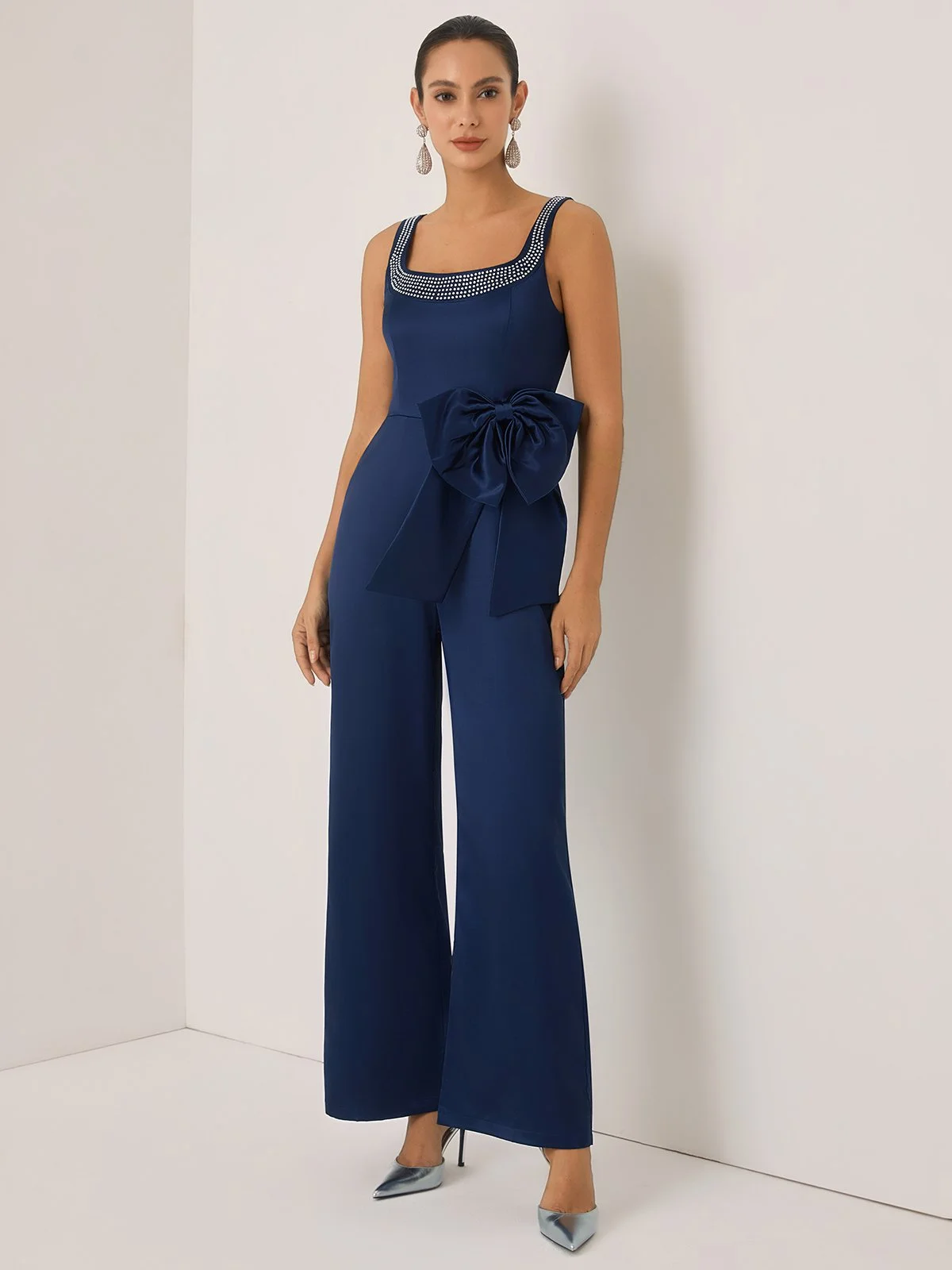 Women Purplish Blue Bow Rhinestone Crew Neck Sleeveless Dressy Jumpsuit