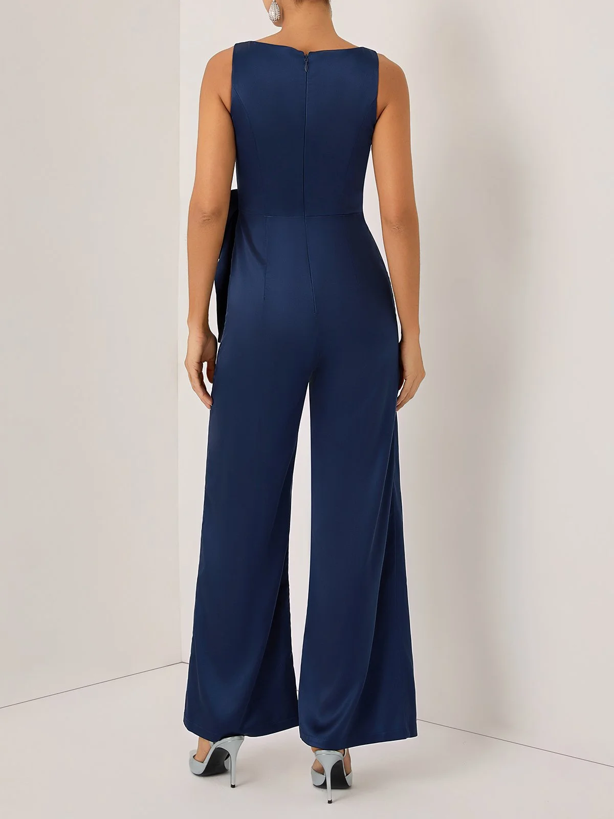 Women Purplish Blue Bow Rhinestone Crew Neck Sleeveless Dressy Jumpsuit