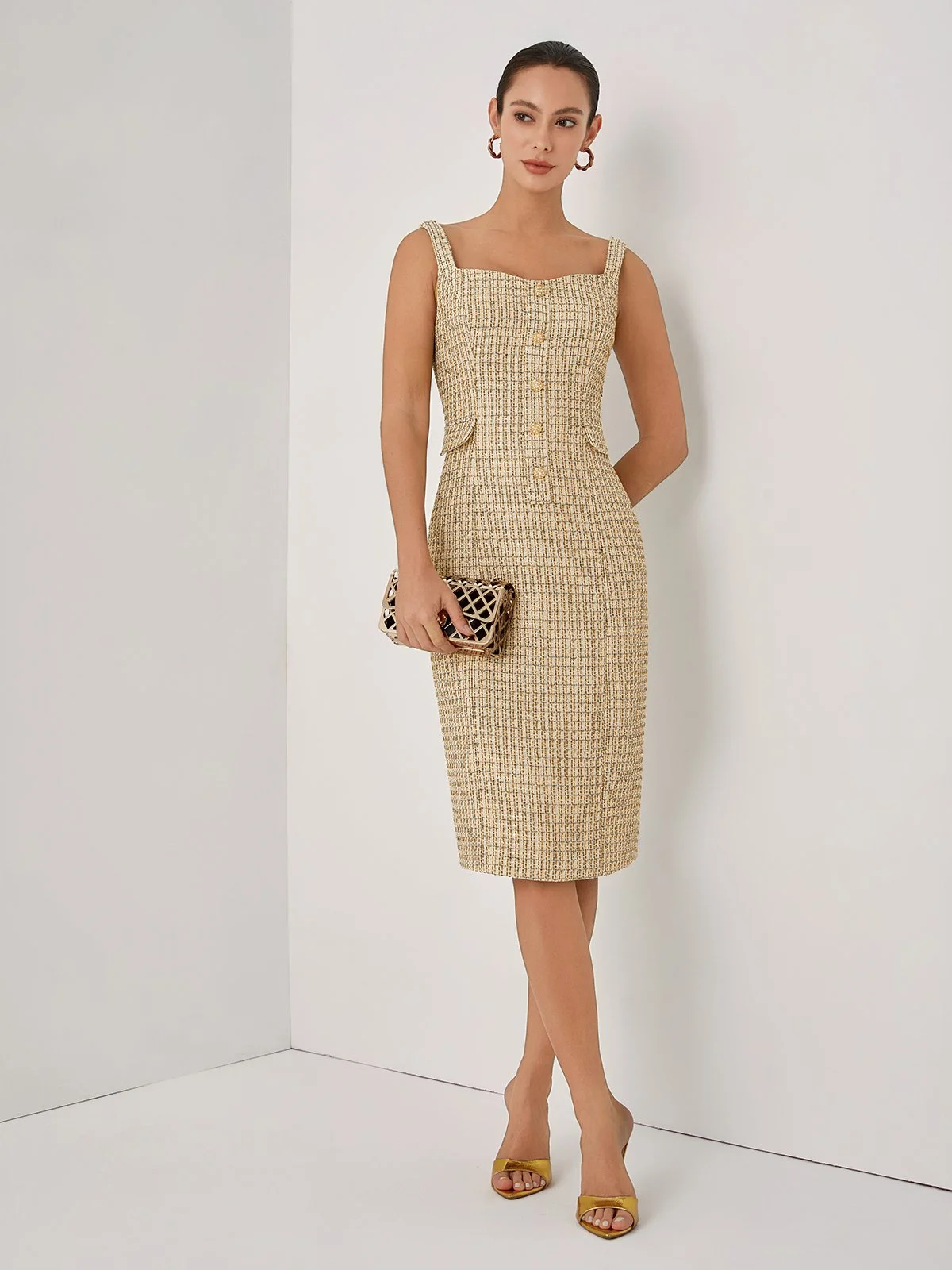 Golden Buckle Pocket Stitching Tweed Spaghetti Sleeveless Sheath Midi Dress