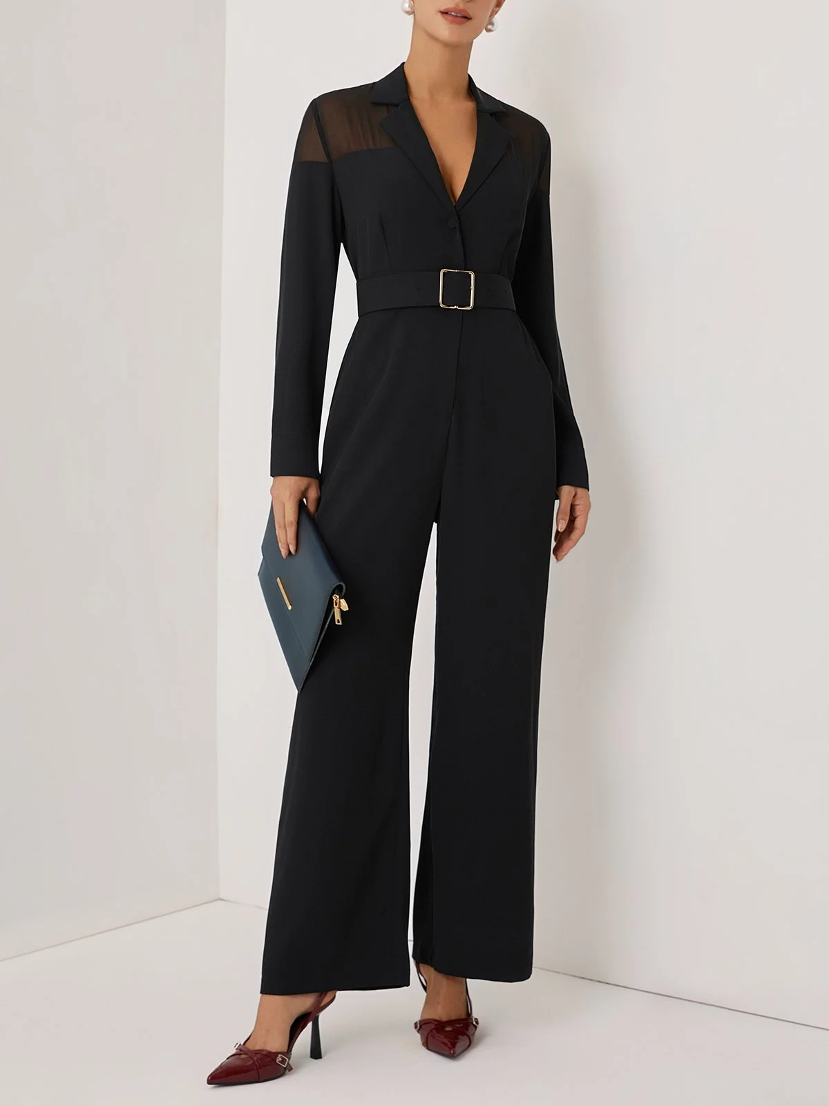 Women Black Mesh Lapel Collar Long Sleeve Dressy Jumpsuit