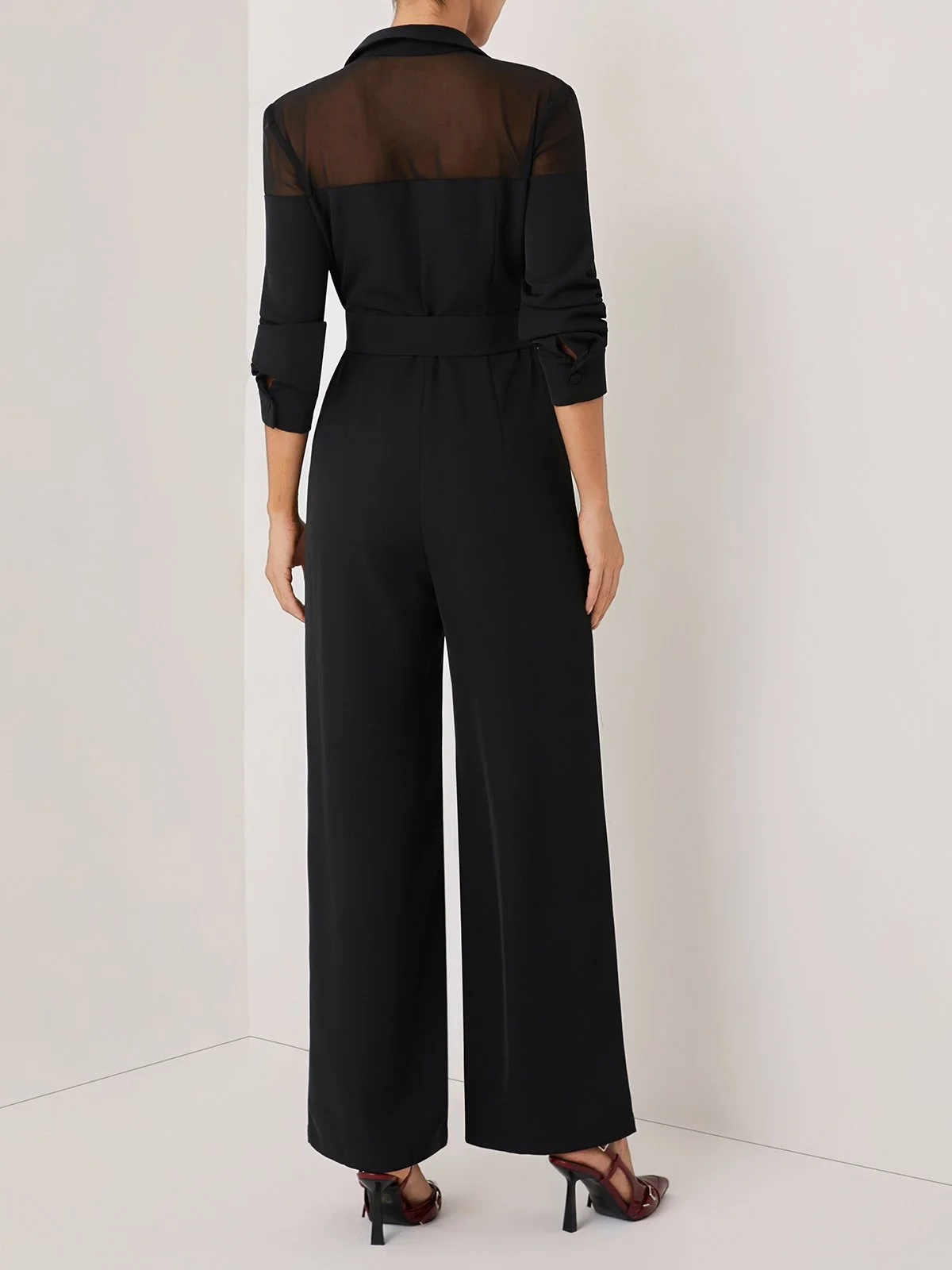 Women Black Mesh Lapel Collar Long Sleeve Dressy Jumpsuit