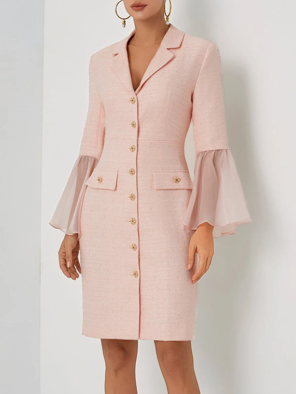 Light Pink Buckle Mesh Tweed Lapel Collar Long Sleeve Bell Sleeve Sheath Midi Dress