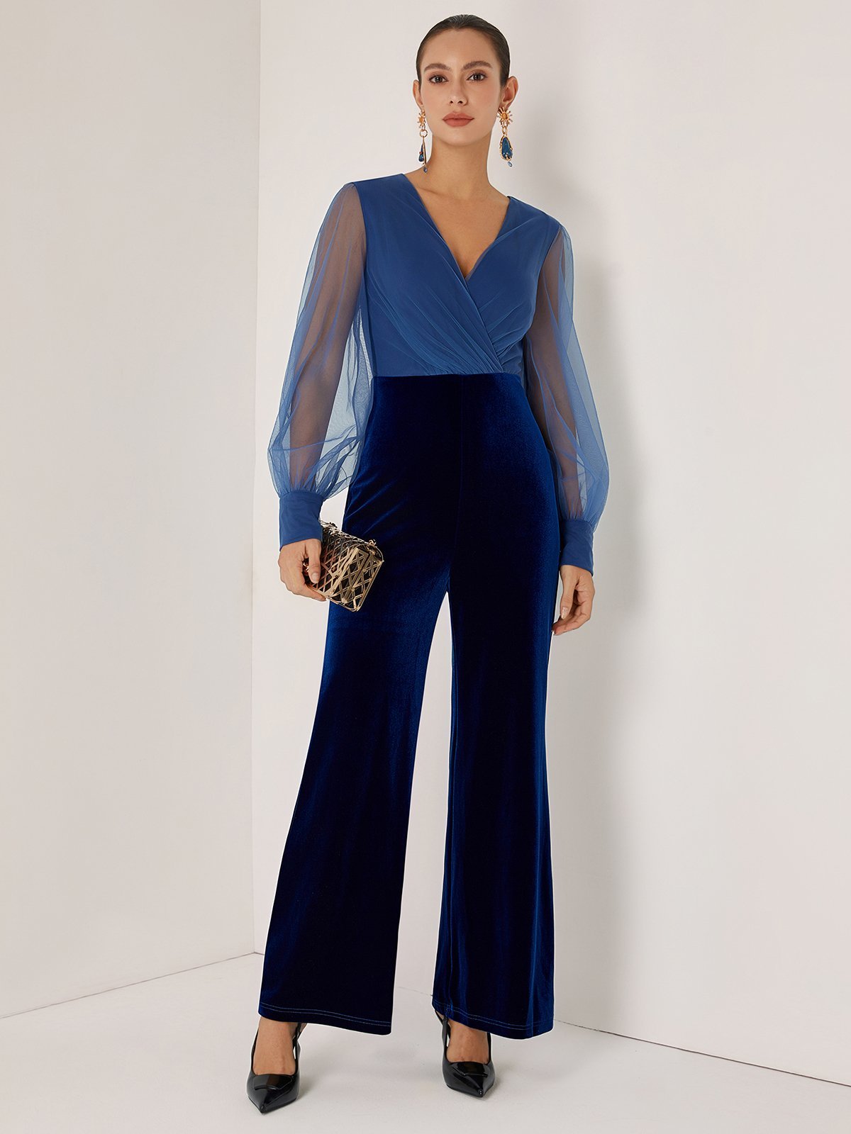 Women Royal Blue Mesh Ruched V Neck Long Sleeve Dressy Jumpsuit